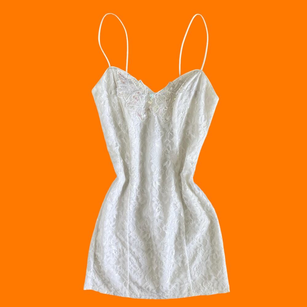 90's vintage white floral lace sequins bridal coquette mini dress S/M